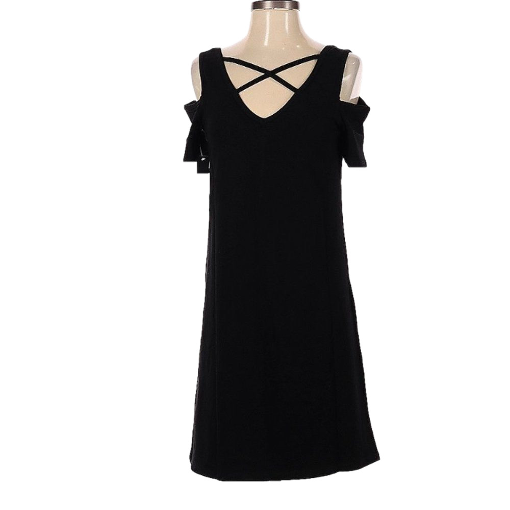 NWT AUGUST SILK DRESS (S) Black cold shoulder strappy chest